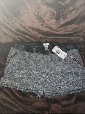 Black & White Tweed High Waist Shorts with Black Faux Leather Trim